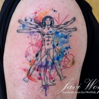 Watercolor style colored Vitruvian man tattoo on upper arm