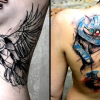 Aquarell Stil großartig aussehendes Tattoo am Rücken mit der Cheshire-Katze