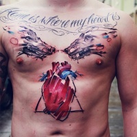 Watercolor style impressive looking chest and belly tattoo of evil wolves with lettering and heart