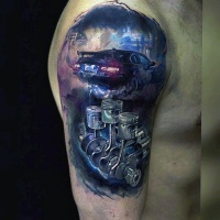 Watercolor style incredible shoulder tattoo of smoking car and engine parts