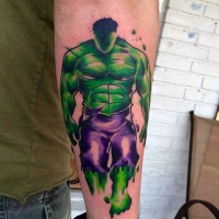 Watercolor style multicolored forearm tattoo of mystical Hulk