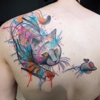 Watercolor style nice looking upper back tattoo of cat with toy mouse