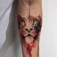 Watercolor style original designed forearm tattoo of lion face