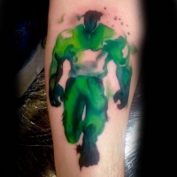 Watercolor style painted forearm tattoo of mystical Hulk