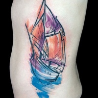 Watercolor style side tattoo of small sailing ship