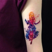 Watercolor style small fantasy woman tattoo on arm