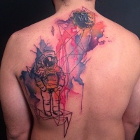 Watercolor style style big back tattoo of space man with small asteroid