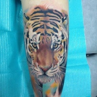 Watercolor style tiger coloured tattoo on leg