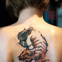 Watercolor tiger with mouse tattoo on back