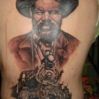 Wester style colored whole back tattoo of train and man portrait