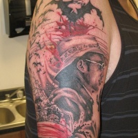 Western style multicolored tattoo on shoulder