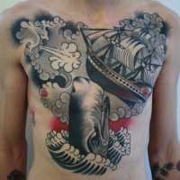 Whale tilting ship tattoo on chest by Chriss Dettmer