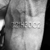 Tatuaje en el brazo, código de letras y numeros, tinta blanca