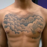 White pigeon in the sky memorial gray ink tattoo on chest with lettering