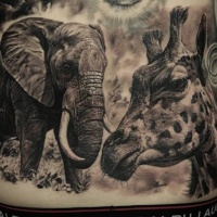 Wild like style very detailed black and white animals tattoo on whole back