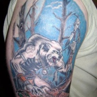 Tatuaggio colorato sul deltoide il lupo mannaro