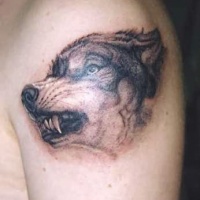 Wolf head realistic tattoo on shoulder