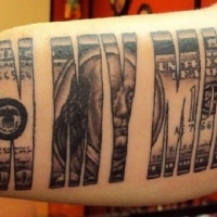 Wonderful black and white arm tattoo of lettering shaped dollar bill