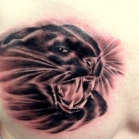 Wunderschönes Tattoo eines schwarzen Panthers Kopf an der Brust