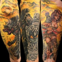 Wonderful colored detailed fantasy demonic warriors tattoo on forearm