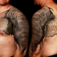 acquerello colorato elefante tatuaggio sulla spalla