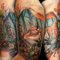 Wonderful colorful red fox tattoo by Theresa Sharpe on arm