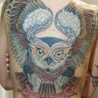 Wonderful coloured flying owl tattoo by Jason Tucker