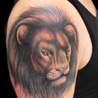 Tatuaje en el brazo,
león fantástico severo