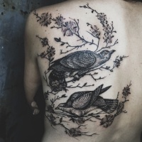 Wonderful looking black and white engraving style birds tattoo on back combined with blooming tree