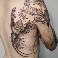 Wonderful looking black and white shoulder and back tattoo of bird with predator plants
