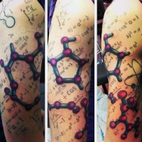 Wonderful looking colored shoulder tattoo of chemistry with formulas