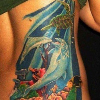 eccezionale multicolore grande subacqueo animale marine tatuaggio su schiena