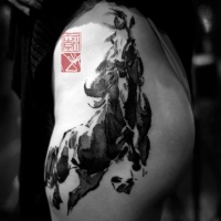 Wonderful oriental dark horse tattoo on thigh by Joey Pang