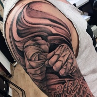 Wonderful painted black and white boxing themed tattoo with lettering in shoulder