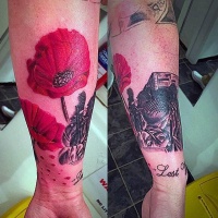 Wonderful painted realistic looking red flower tattoo on arm