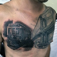 Wonderful real life like colored realism style small train with Golden Gate bridge