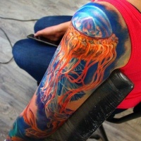 Wonderful realism style colored sleeve tattoo of jellyfish