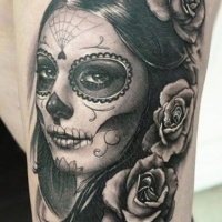 Wonderful santa muerte girl with hair in spanish style and roses tattoo