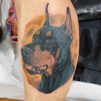 Wonderful very realistic looking colored dog portrait tattoo on leg