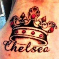 Word chelsea and crown tattoo on back neck