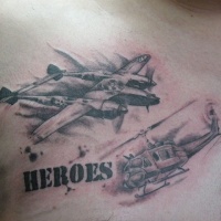 WW2 themed colored chest tattoo of military plane and helicopter