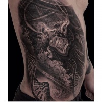 X-Ray style black ink side tattoo of human skeleton with DNA
