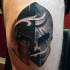 3D big detailed corrupted warrior helmet tattoo on thigh with white smoke