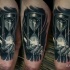 3D black and white broken sand clock tattoo on thigh