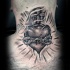 3D blackwork style colored neck tattoo of human heart with vine and cross