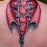 3D detailed natural looking colored under skin spine with metallic spoke tattoo on upper back stylized with zipper