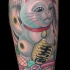 3D style funny looking arm tattoo of maneki neko japanese lucky cat statuette and various symbols