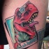 3D style illustrative style colored arm tattoo of dinosaur with lettering