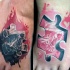 3D style interesting looking colored puzzle pice tattoo on foot stylized with human skull