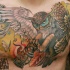 3D style painted big colored owl tattoo on chest with butterflies and old candle street lighter